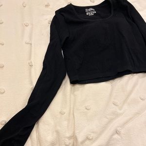 Crop top black workout T shirt with built in bra